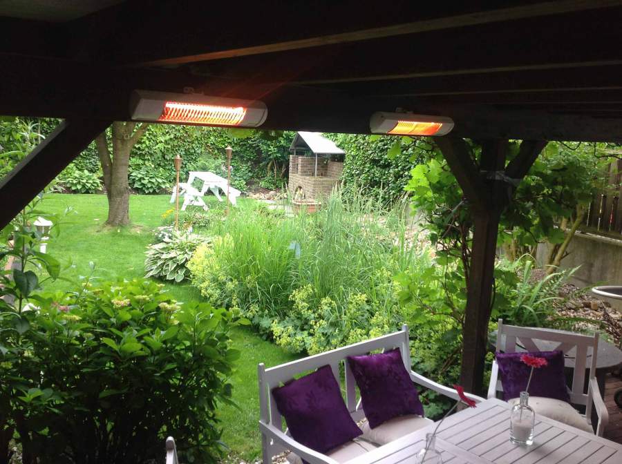 Tansun Rio Grande Single Infrared Heaters Above Alfresco Dining Area In Garden