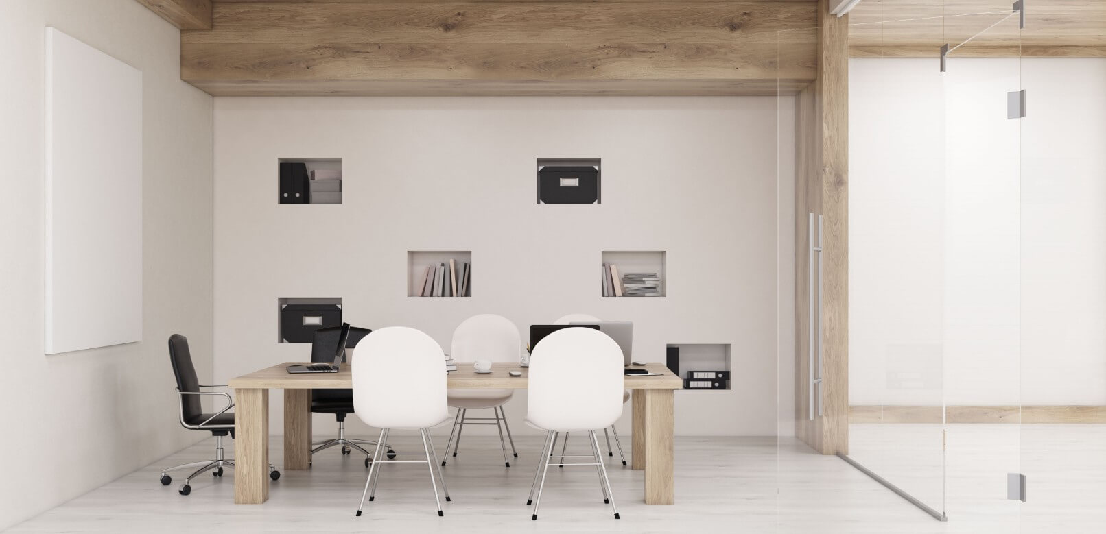 Modern office meeting room with wall mounted infrared panel mounted on left hand wall