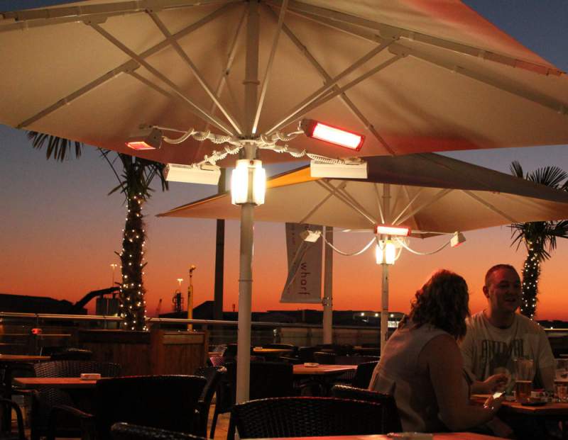 Tansun Rio IP Infrared Heaters Underneath Parasols Outdoors At Sunset