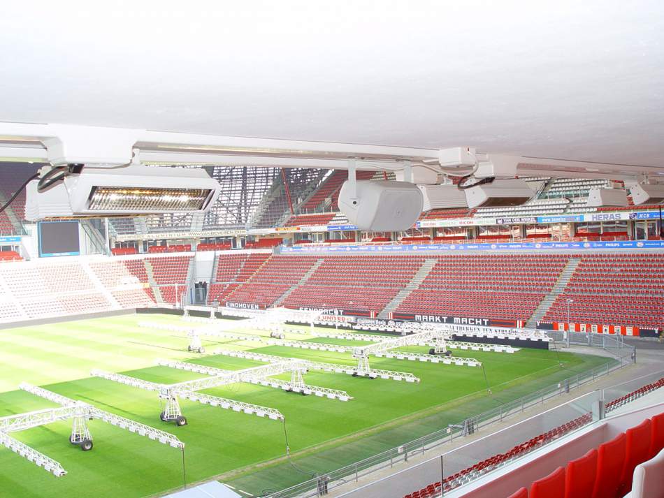 Tansun Infrared Heaters In White On Balcony Of Football Stadium