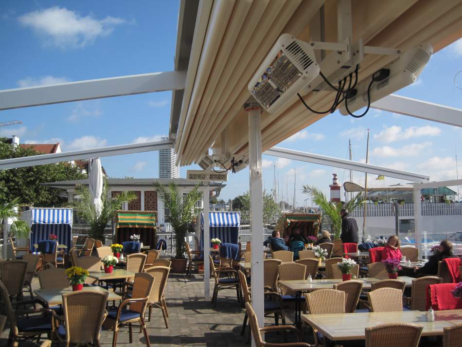 Tansun Sorrento Double commercial patio heaters mounted in the outdoor eating area of a restaurant