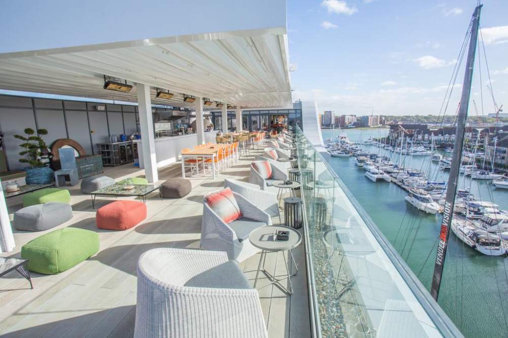 Tansun Monaco Double infrared commercial outdoor heaters installed in terrace of marina at Harbour Hotel in Southampton