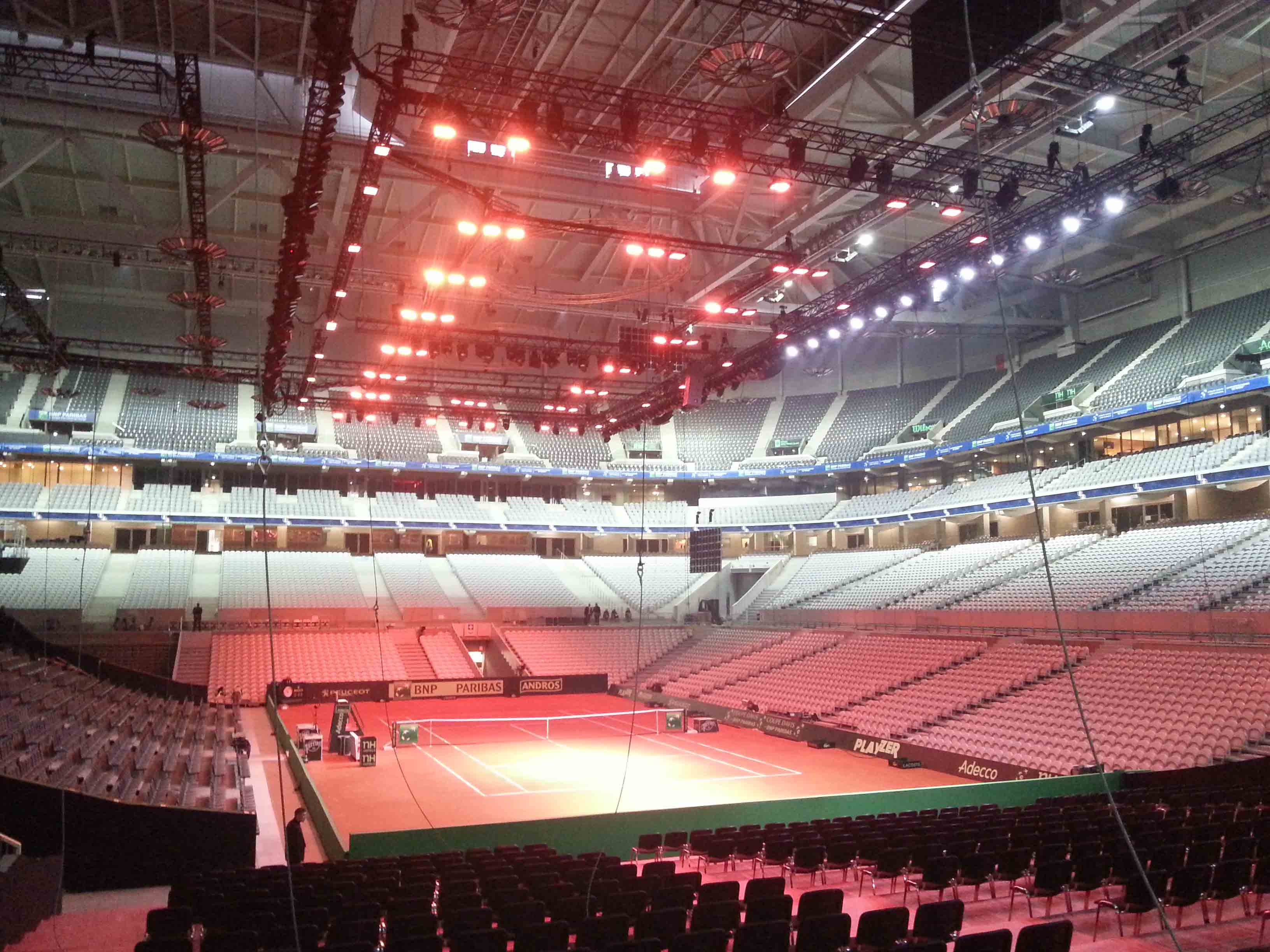 Tansun Apollo infrared space heaters mounted on ceiling of stadium for Davis Cup FInal
