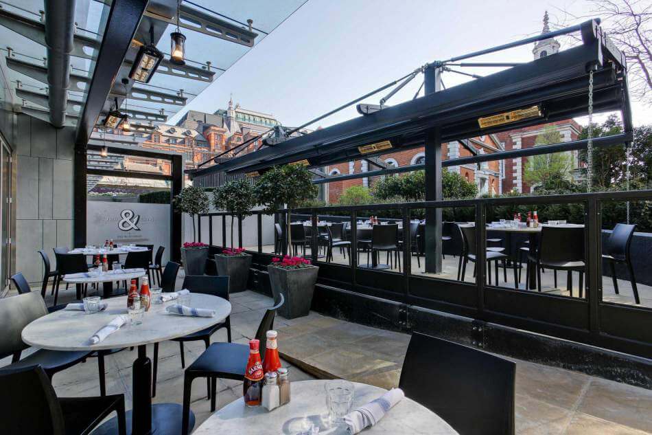 Outdoor Electric Heaters in use within an open-air rooftop restaurant 